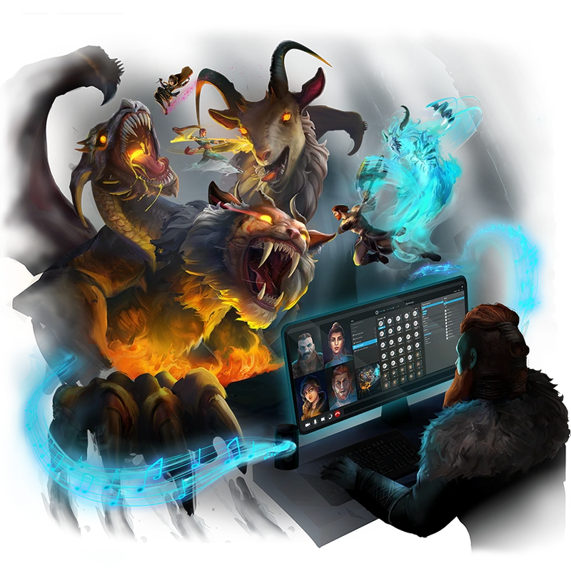 Someone chatting online at their desktop computer with dragons and fantasy characters emerging from behind the screen